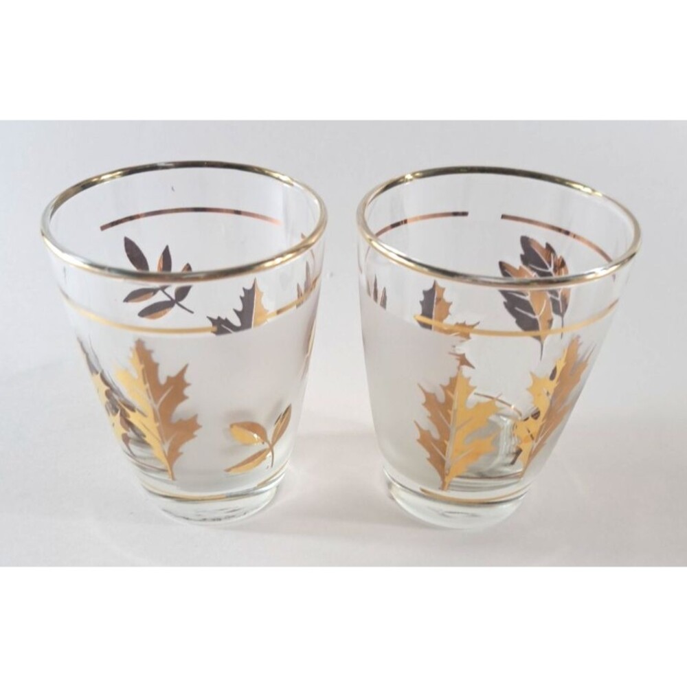 Vintage Libbey Frosted Golden Foliage Leaf Glasses Short Barware Set of 2 3.5"
